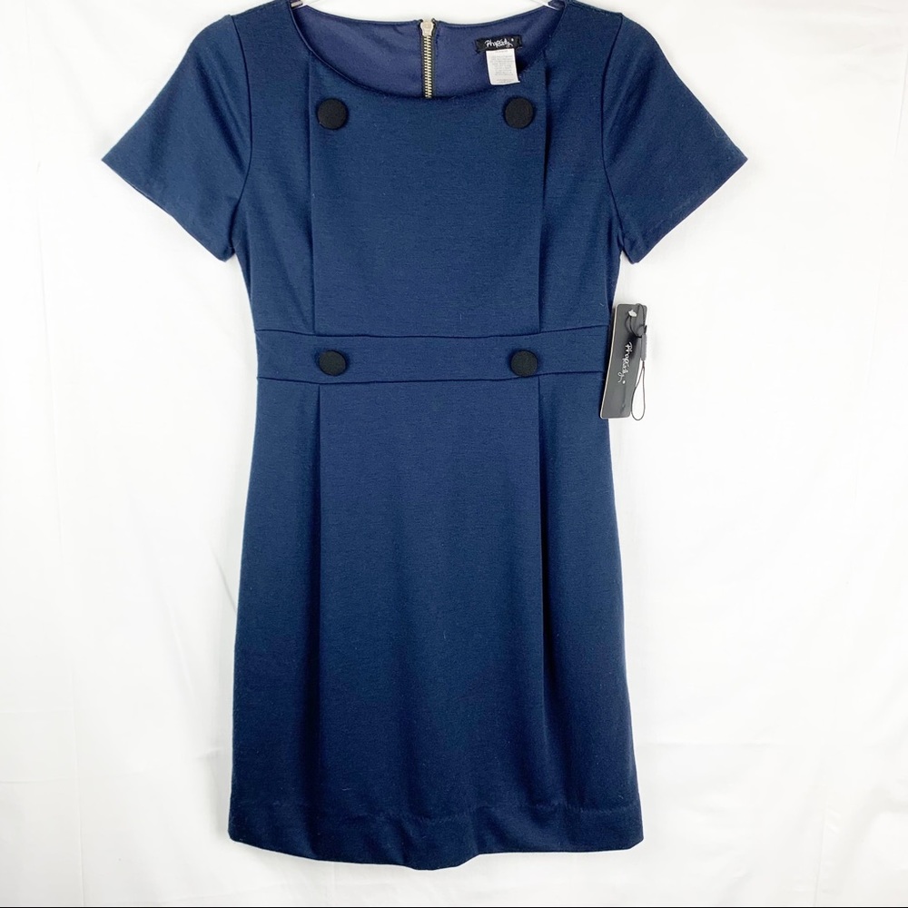 NWT Navy Blue Career Dress Black Buttons Gold Zip sz M